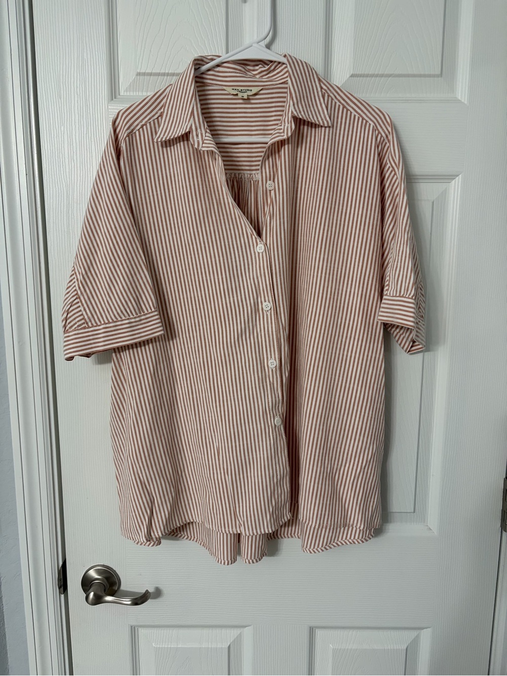 Max Studio Pink and White Striped Short-Sleeve Button Down